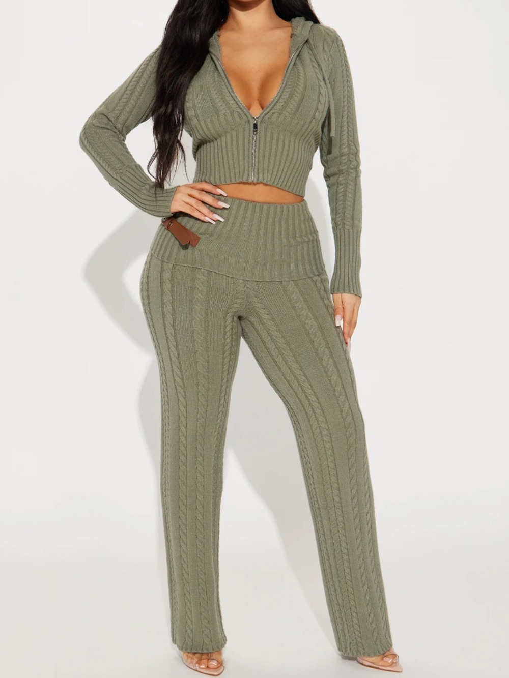 BNWOT Fashion Nova Weekend Flirt Cable-Knit Sweater Pants in Green